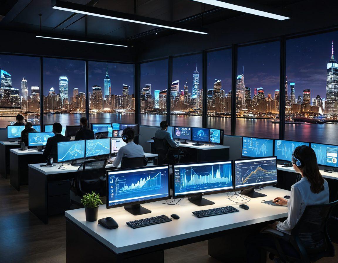 A futuristic workspace filled with diverse individuals collaborating through advanced web-based tools on glowing screens. The scene showcases vibrant holographic interfaces displaying charts and graphs, symbolizing productivity and innovation. Incorporate elements like virtual reality headsets and digital assistants, with a dynamic city skyline visible through the large windows. Emphasize a sense of connectivity and teamwork. super-realistic. vibrant colors. 3D.