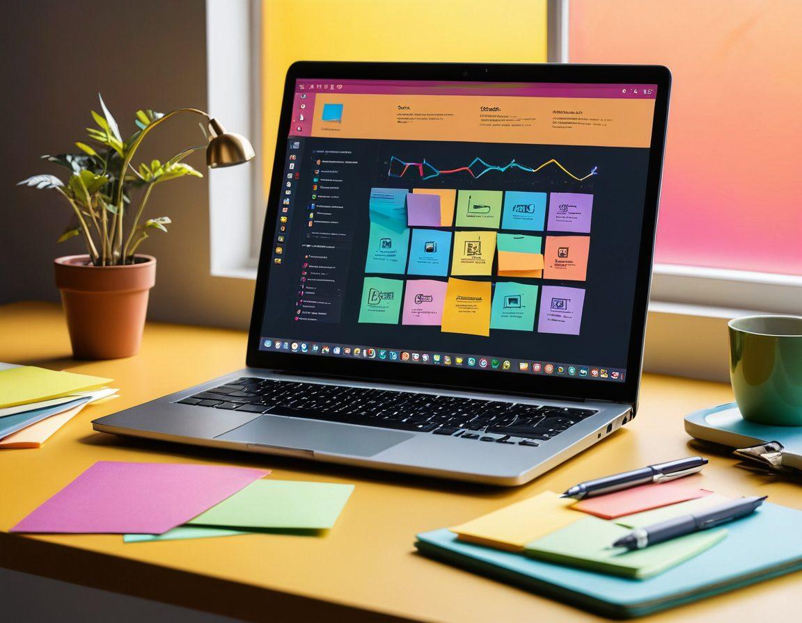 A visually engaging digital workspace featuring an array of colorful e-tools on a sleek laptop screen, surrounded by post-it notes and a glowing light bulb symbolizing ideas. The background showcases abstract shapes representing digital transformation, with hints of productivity metrics like graphs and charts. Emphasize a modern and inviting ambiance to inspire creativity and efficiency. vibrant colors. super-realistic.