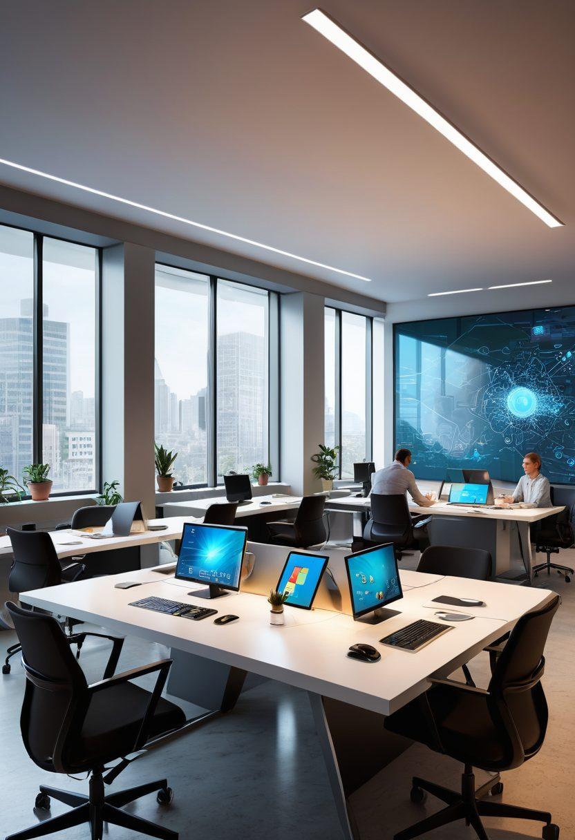 A sleek modern workspace featuring a diverse team of professionals collaborating on digital devices, with vibrant screens displaying innovative apps and tools. Include futuristic elements like holograms and graphs showcasing productivity metrics. The atmosphere should be energetic and dynamic, symbolizing efficiency and teamwork. super-realistic. vibrant colors. high-tech environment.